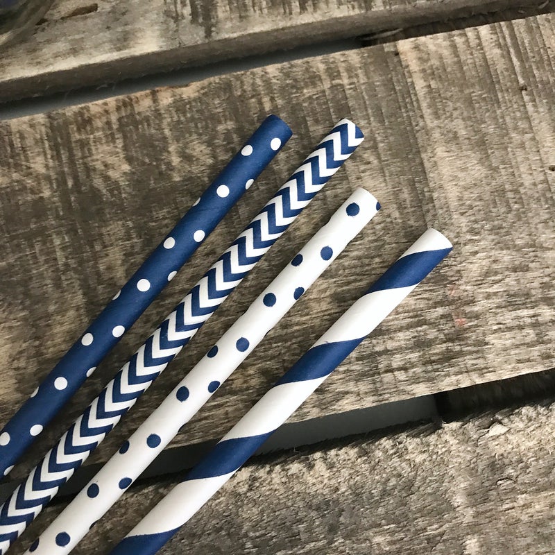 Outside the Box Papers Paper Straws - Navy Blue and White - Stripe Chevron Polka Dot - 7.75 Inches - 100 Pack - Outside the Box Papers Brand - Image 3